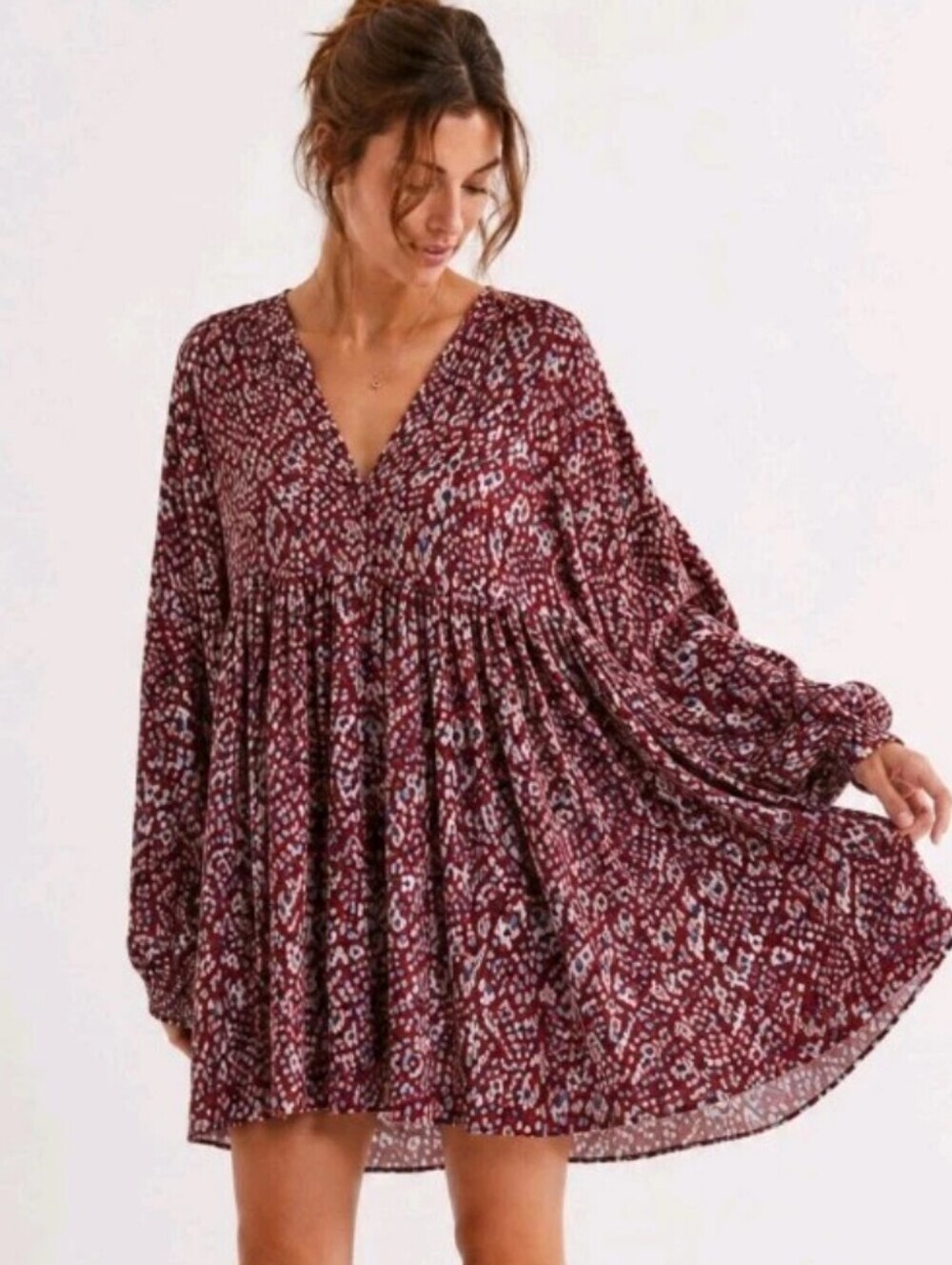 Umgee Oversized Boho Burgundy Babydoll Dress Medium V-Neck Button Detail EUC
